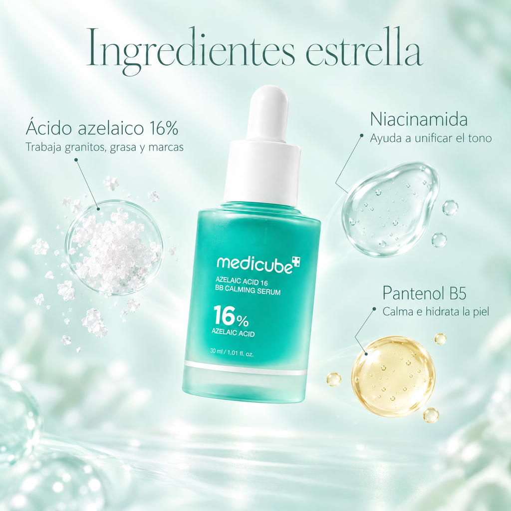 Ingredientes del Sérum Calmante: ácido azelaico 16%, niacinamida y pantenol
