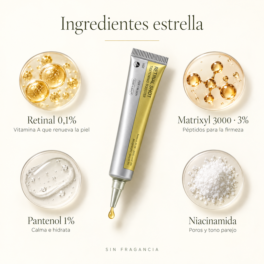 Ingredientes estrella: retinal 0,1%, Matrixyl 3000 3%, pantenol 1%, niacinamida